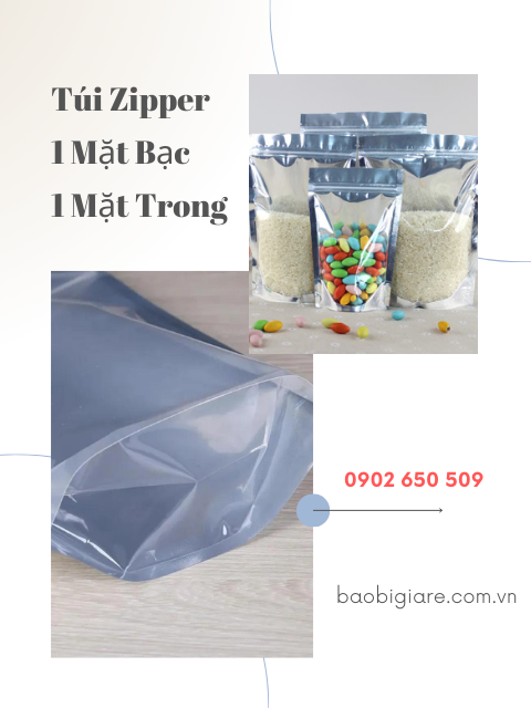 Túi zipper 1 mặt bạc, 1 mặt trong